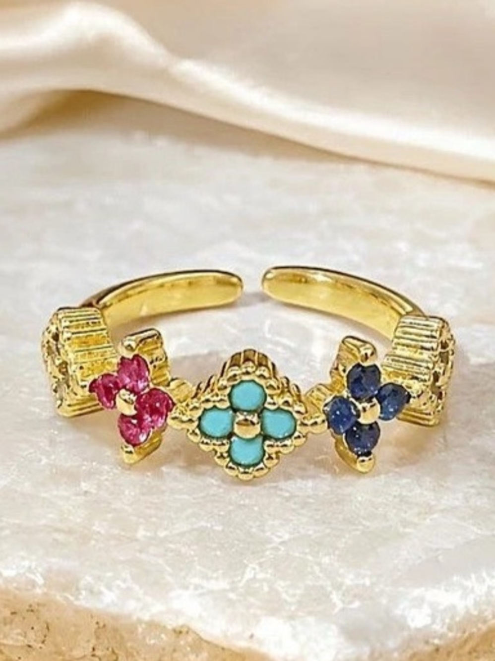 Floral Gemstone Open Ring in Gold & Silver NWT